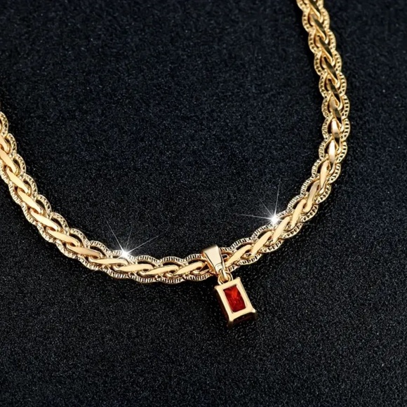 14k gold plated Twist Necklace Red Zircon Pendant Necklace - Picture 2 of 3